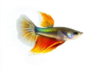 Fototapeta premium Stunning Guppy Fish with Fan-Like Tail in Neon Gradients - Isolated on White Background, Ultra-Sharp Details and Perfect Lighting for Stunning Visual Appeal