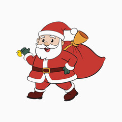 Running Santa Claus carrying huge bag full of gifts and candy. Santa Claus holding bell and sack with presents Isolated vector illustration