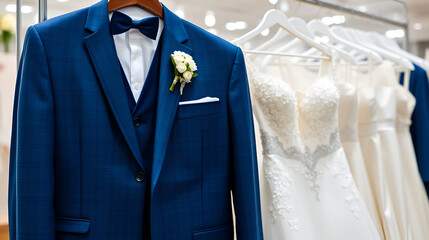 wedding dress and blue male suit on hangers in the wedding store