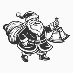 Fototapeta premium Santa Claus carrying sack full of gifts and holding a bell. The santa is holding a bell and big gift box of illustration