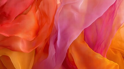 Vibrant flowing silk fabric in shades of orange, pink, and yellow, creating a dynamic visual texture