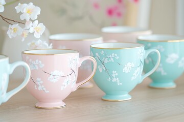 Fototapeta premium Charming shabby chic tea set with floral patterns and pastel colors elegantly arranged on a wooden table