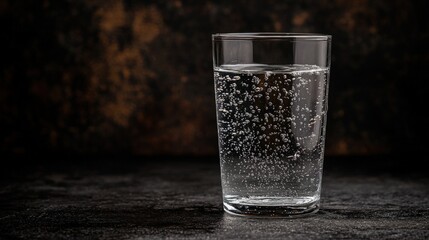 Sparkling water glass on dark stone table