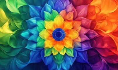 Intricate mandala design with vivid rainbow colors, symmetrical floral shapes blending into a kaleidoscopic aesthetic, perfect for bohemian art,