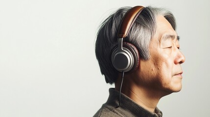 Fototapeta premium Nostalgic Senior Asian Man with Wired Headphones – A Retro Aesthetic Portrait Capturing Memories and Warmth, Perfect for Representing Vintage Vibes and Emotional Connection in Photography
