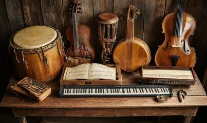 Antique musical instruments arranged on a wooden table in warm light