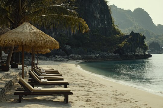 On My Khe Beach in Da Nang, Vietnam, you’ll find parasols and sunbeds