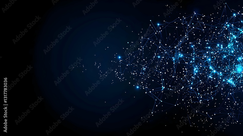 Aufkleber abstract blue network of connected points with glowing lights on dark background
