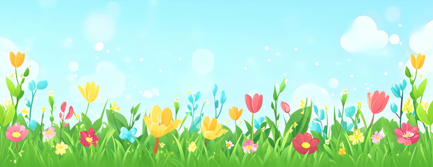 Spring meadow flowers, sunny sky