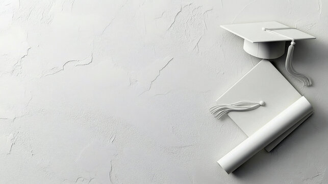 Minimalist White Background with Embossed Diploma and Mortarboard Design