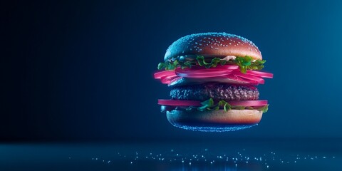 Futuristic AI-Designed Burger with Levitating Layers: A Stunning Ultra-HD Studio Shot on Deep Blue Background - Perfect Textures & Sci-Fi Presentation for Modern Culinary Art