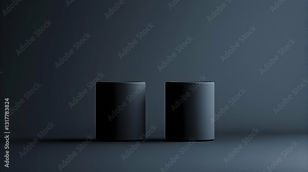 Poster two black cylindrical forms sit side by side creating a minimalist composition against a dark grey b