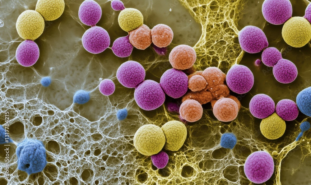Poster colorful microscopic view of bacteria on a surface in a lab setting