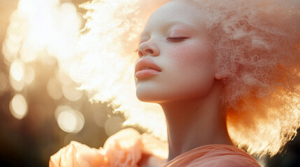 Fototapeta premium African Woman with Albinism in Peach Silk Dress Under Golden Light