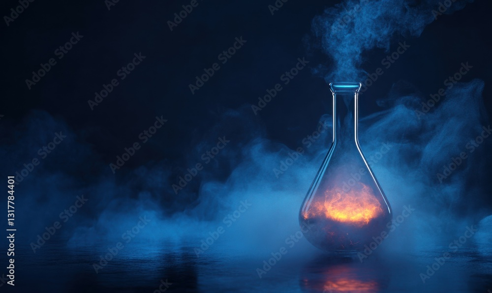Poster laboratory flask emitting glowing vapor in a dark setting