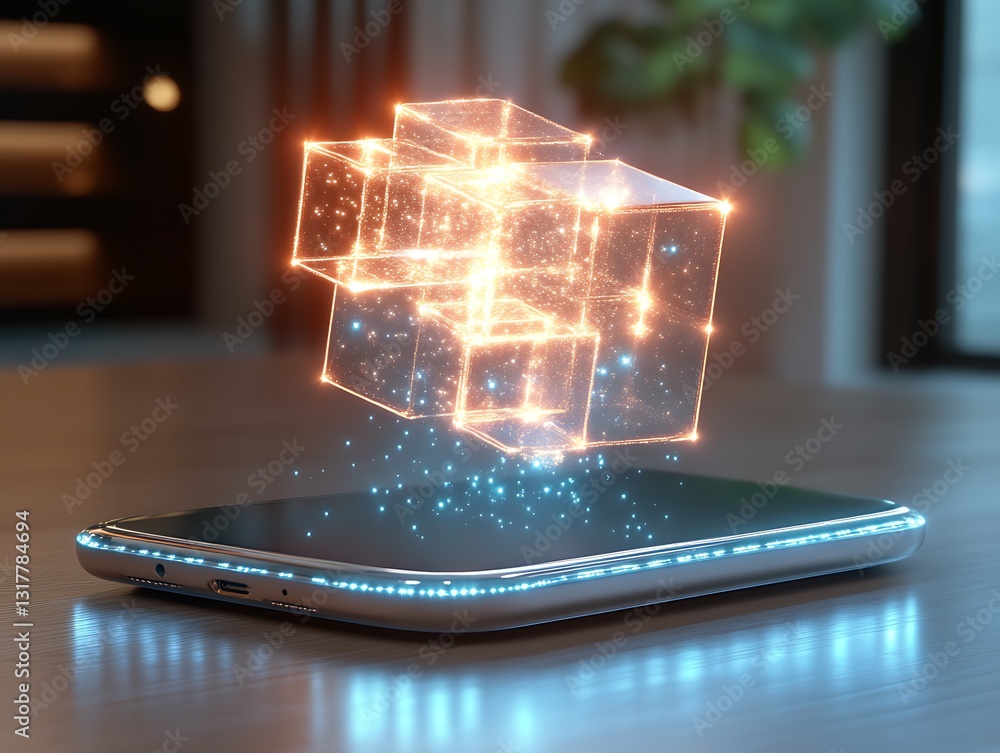 Poster a glowing geometric cube formation hovering above a smartphone device