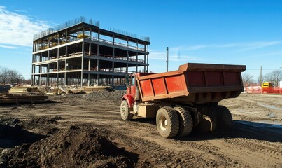Large Dump Truck at a Construction Site with Building Framework
