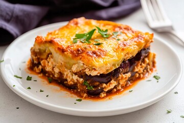 A savory dish showcasing layers of eggplant, creamy cheese, and aromatic herbs served on a white plate, creating an appetizing meal for any occasion