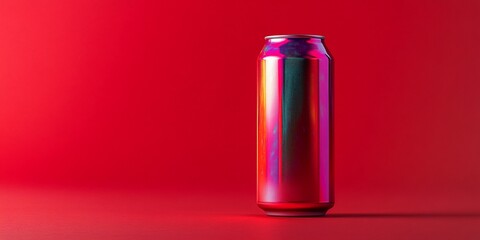 Experience the Future with Our AI-Crafted Energy Drink Can Featuring a Dynamic Holographic Label, Perfect for Branding and Futuristic Aesthetics on a Bold Red Background!