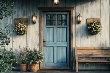 Charming Blue Door with Rustic Wooden Bench and Hanging Flower Baskets, Perfect for Home Decor