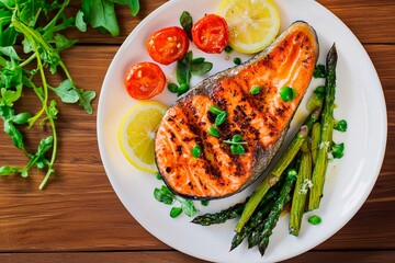 A beautifully presented grilled salmon steak sits on a white plate adorned with asparagus, roasted cherry tomatoes, and fresh lemon slices, creating a vibrant meal at home