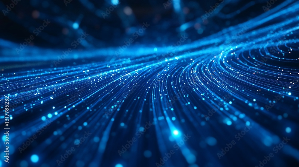 Poster abstract blue digital data stream flowing through cyberspace network