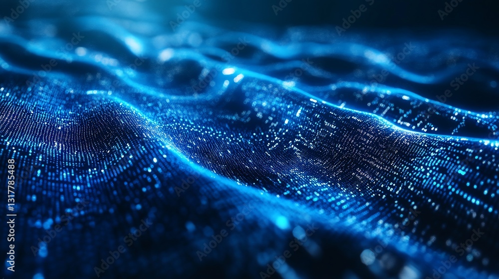 Poster abstract digital waveform: blue glowing data stream and technology background