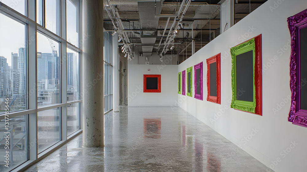 Poster modern art gallery with colorful empty frames and city view through large windows