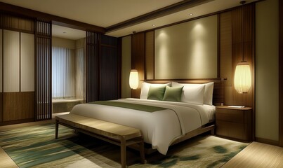 Bedroom or hotel room interior design. Wood, green color and calm mood