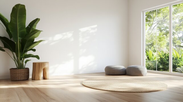 Minimalist room with natural light and plants. Sunlight streams through large windows into a serene space