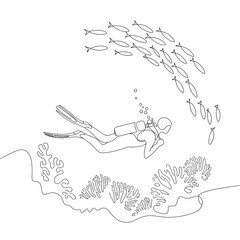 Obraz premium Scuba Diver Swimming with School of Fish and Coral Reef Underwater Scene