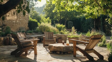 Obraz premium A wooden patio with a stone table and chairs, surrounded by lush greenery and a stone wall.