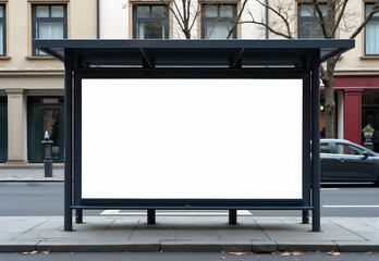 Horizontal blank billboard on a bus stop on a city street. In the background are buildings, a road. Mockup. A poster next to the roadway