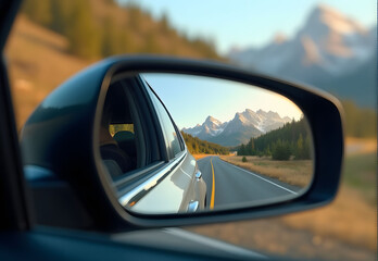 Car rear view mirror reflecting road to mountains