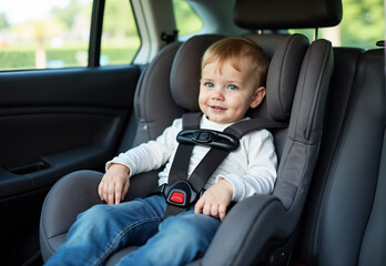 Smiling toddler in a car seat wearing a seatbelt