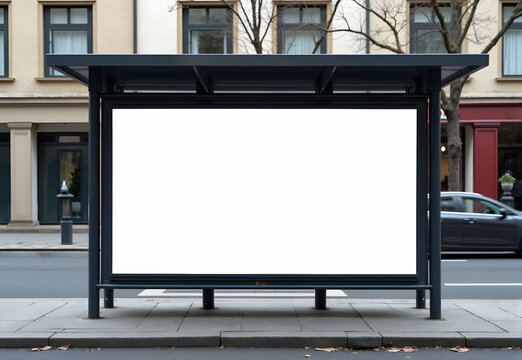 Horizontal blank billboard on a bus stop on a city street. In the background are buildings, a road. Mockup. A poster next to the roadway