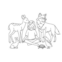 Fototapeta premium Woman Meditating Surrounded by Diverse Animals in Peaceful Harmony