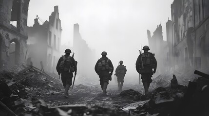 The Silent March: A poignant black and white scene depicting a group of soldiers walking through a war-torn, debris-filled street. The image evokes a sense of somberness and resilience.