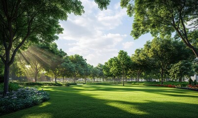Lush green park with trees and sunlight filtering through clouds.
