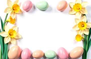 Fototapeta premium Festive paper frame flowers composirion with pastel eggs on minimal white backround, place for text. spring, womens day, Easter concept