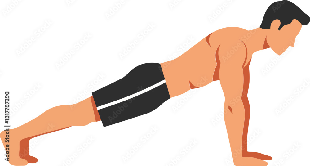 Poster athletic man performing push-up exercise in flat, minimal style vector illustration demonstrating fi