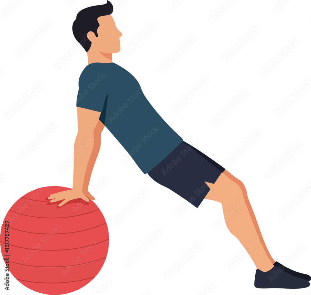 Poster a man exercising with a red stability ball in a casual setting, showcasing minimalistic flat design 