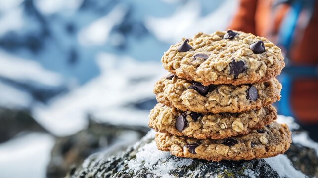 A stack of homemade oat chocolate chip cookies on a snowy mountain peak