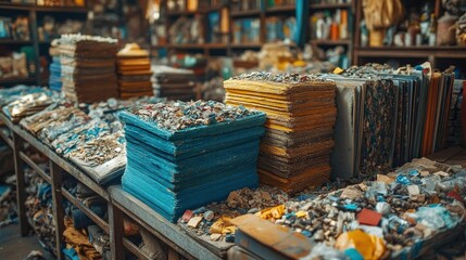 Vibrant stacks of colorful papers and scraps in a cluttered workshop filled with creative materials