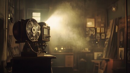 Fototapeta premium Lights, Camera, Nostalgia: A vintage movie projector casts an evocative beam, illuminating a room adorned with historic photos and cinematic elements.
