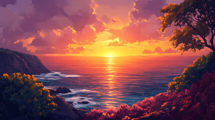 A breathtaking sunset glowing over a serene ocean horizon. Twilight Radiance. Illustration