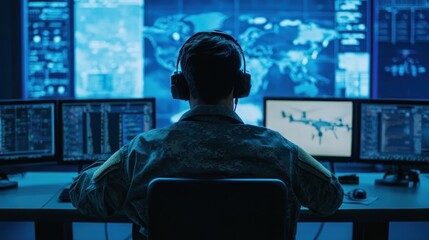 Military drone operator monitors surveillance screens in a high-tech control room