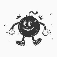Hand drawn walking Bomb with pointing finger cartoon mascot Logo. Running bomb mascot illustration character design