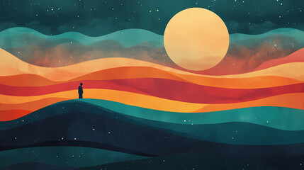 A serene landscape featuring a person gazing at a large moonrise on a colorful horizon. Twilight Radiance. Illustration