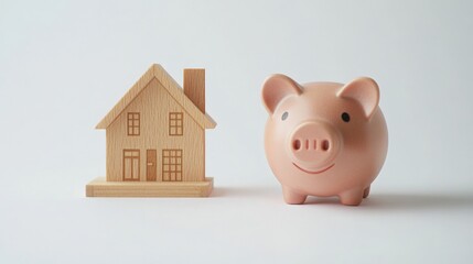 Wooden house model next to a piggy bank, symbolizing savings and home investment concepts